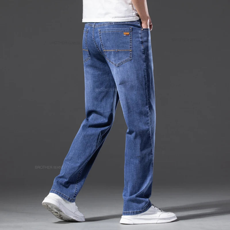 Summer Men's Thin Jeans Baggy Elastic Casual Straight Denim Pants Classic Smoke