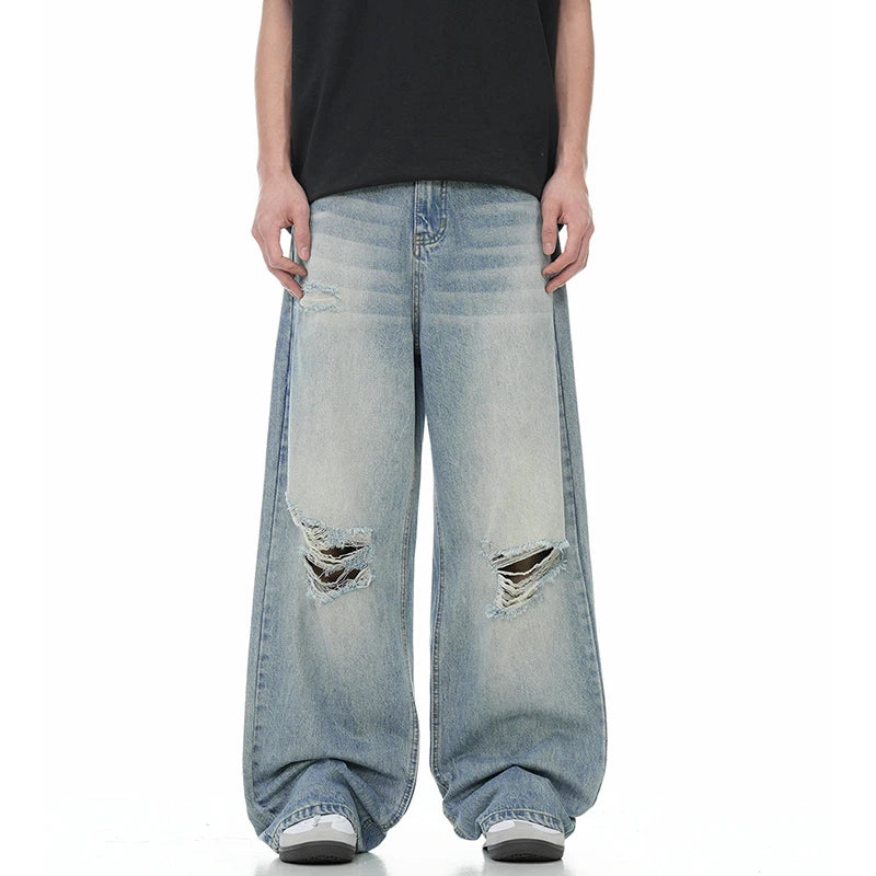 Men's Jeans Wear Male Vintage Denim Pants Adjustable Belt Straight Loose
