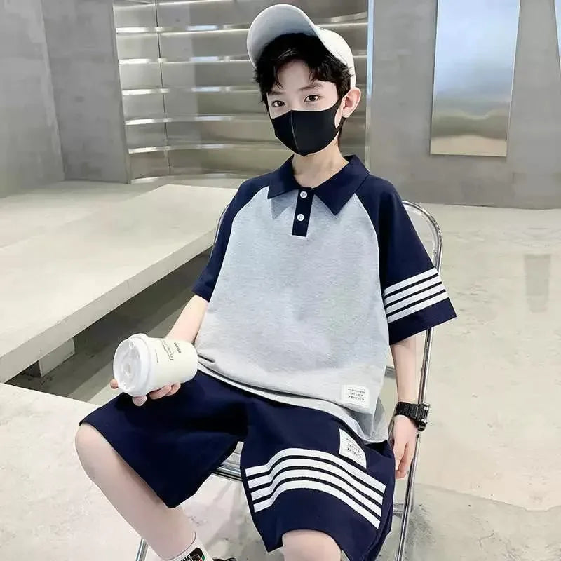 ‌Boys' 2025 New Summer Polo Shirt & Shorts 2-Piece Set Trendy Sporty Waffle Knit Outfit Cool Casual Toddler Kids Clothing