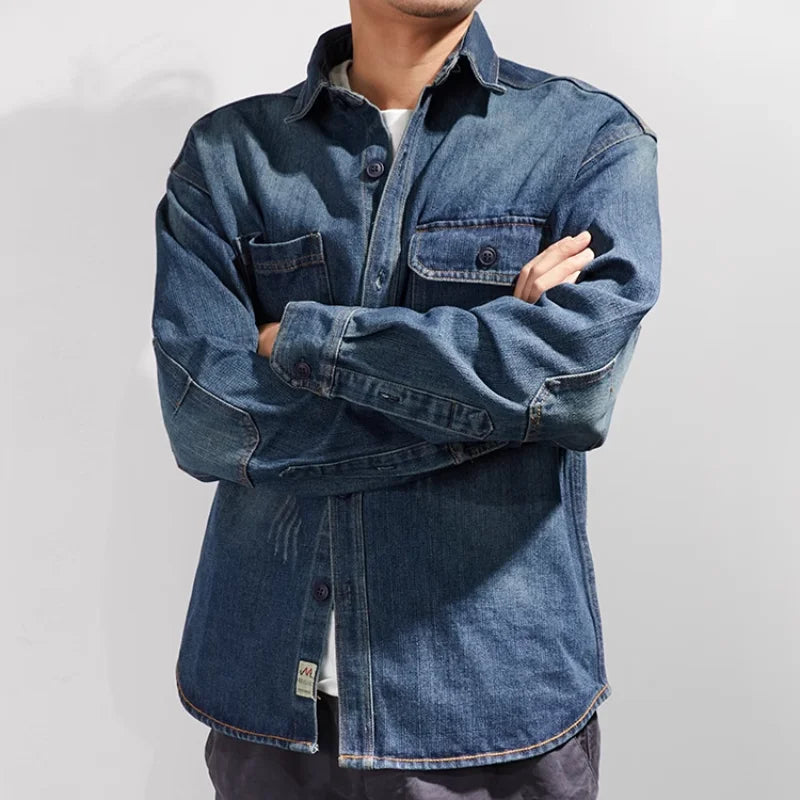 Heavy Duty Denim Shirt for Men with Vintage Style Long Sleeves, Autumn/Winter