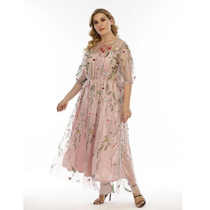 Plus size French Hepburn style oversized dress, evening dress, women's mesh embroidered banquet party long dress