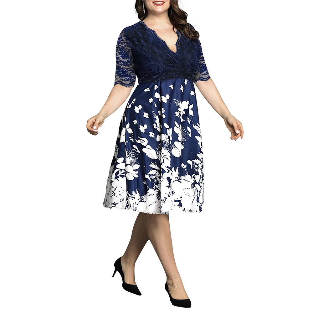 Women New Plus Size V-Neck Party/Cocktail Dress Summer Elegant Fashion Lace Patchwork Half Sleeve Zip Floral Printed Dresses