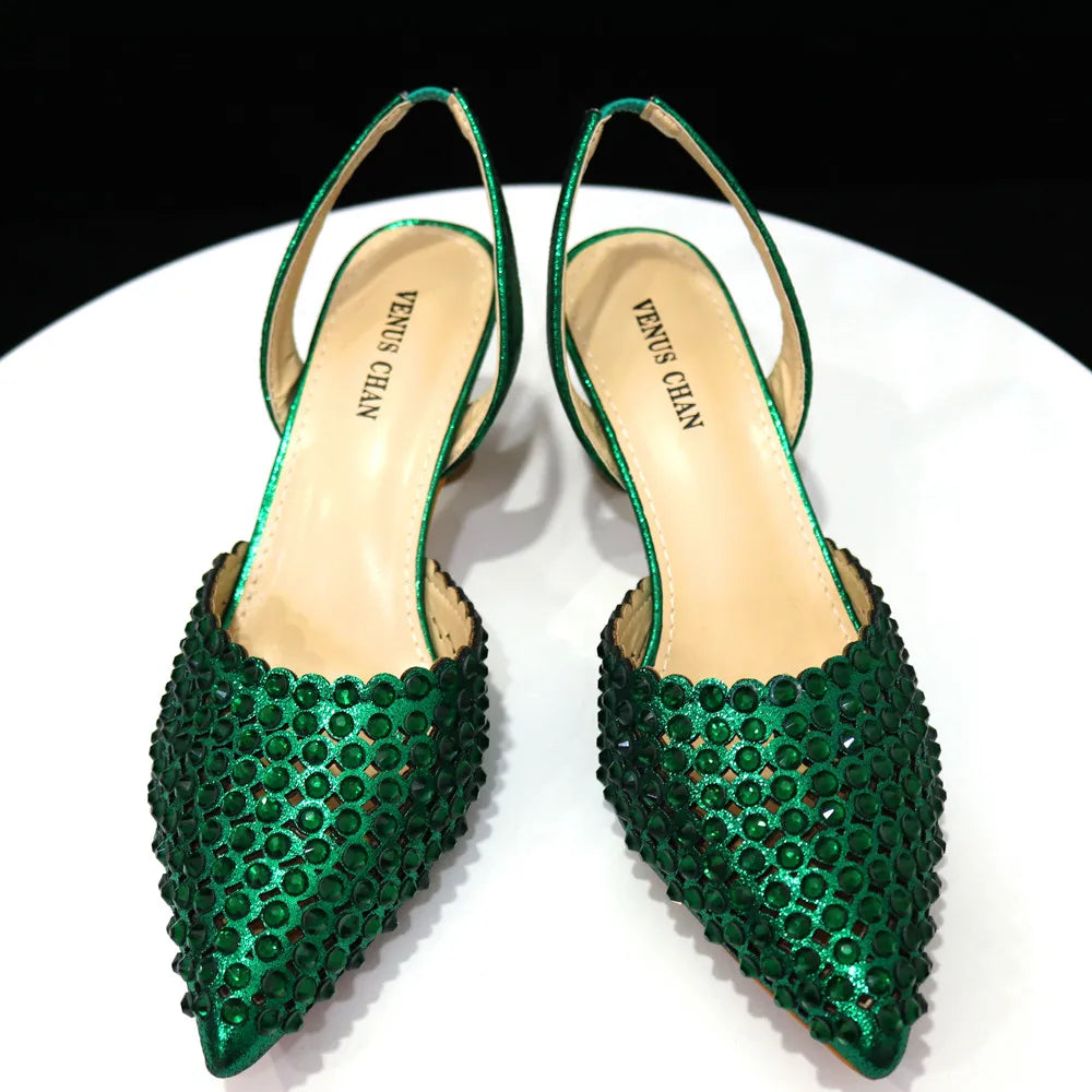 Venus Chan High Heels for Lady 2023 Luxury Designer Green Color Full Diamond Pointed Toe Wedding Shoe and Bag Set for Party