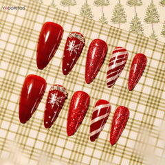 Long Stiletto Red Fake Nails Women Christmas Party Press on Nails Glossy Snowflake Printed Girls Charms Full Cover Nails Tips