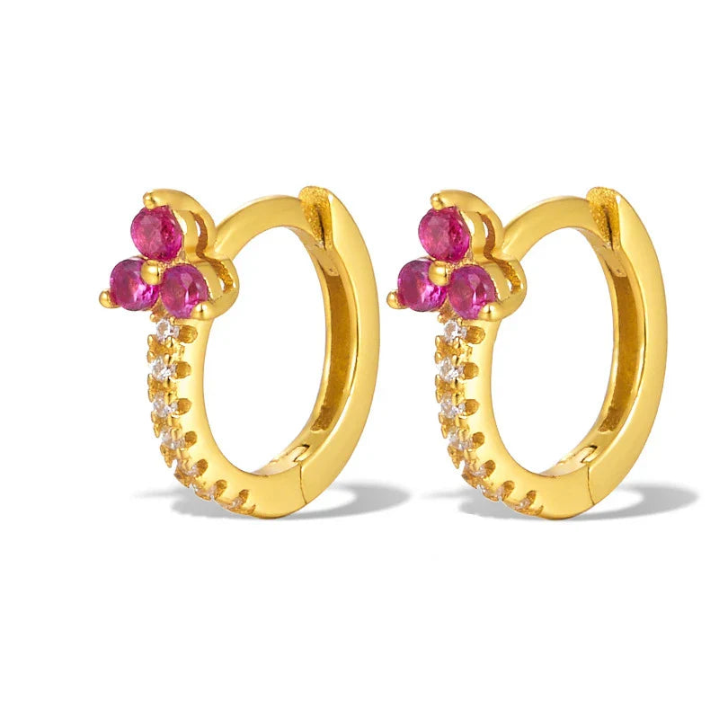 WANTME 925 Sterling Silver Romantic Color Zircon Three-petal Flower Stud Earrings for Women Fashion Huggies Piercing Jewelry