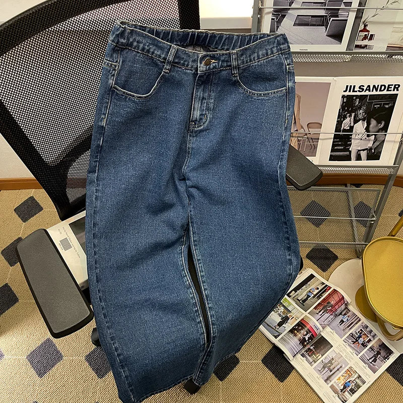 Men Baggy Jeans Korean Fashion Elastic Waist Classic Style Denim Ankle-Length Pants
