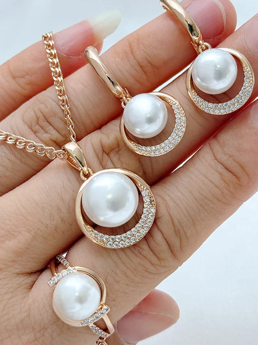 Kinel Fashion Geometry Pearl Ring Earrings Necklace for Women 585 Rose Gold Color With Natural Zircon Ethnic Wedding Jewelry
