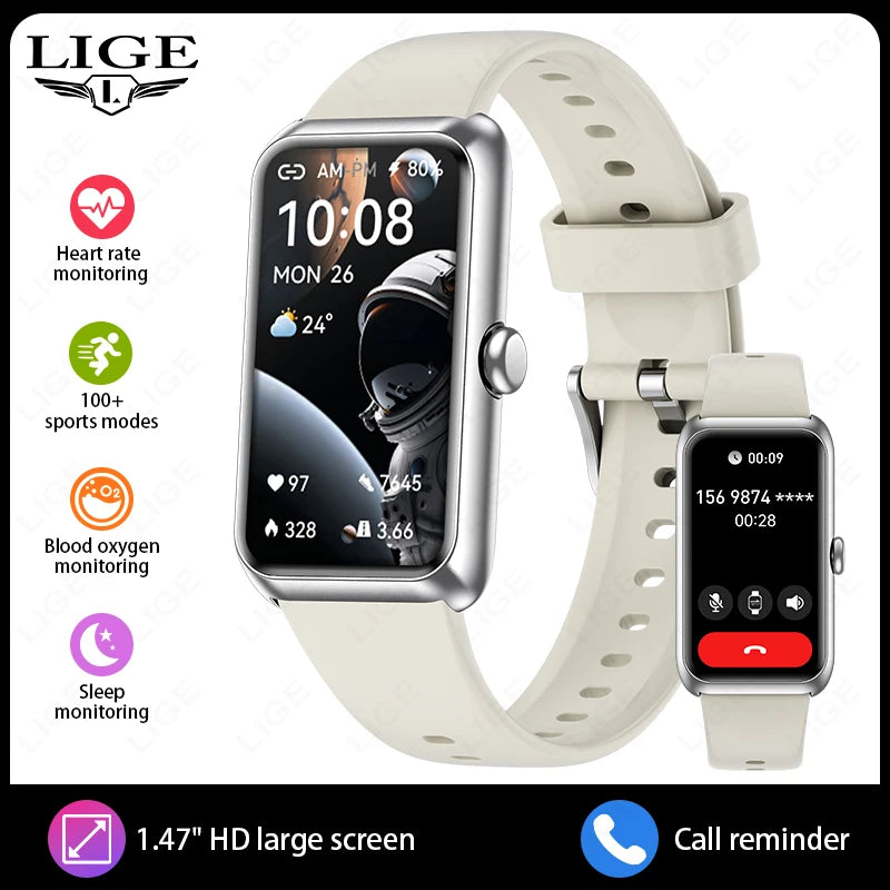LIGE New Sport Fitness Tracker Smart Bracelet Heart Rate Blood Oxygen Monitor Call Reminder 1.47" Smartwatch Band For Men Women