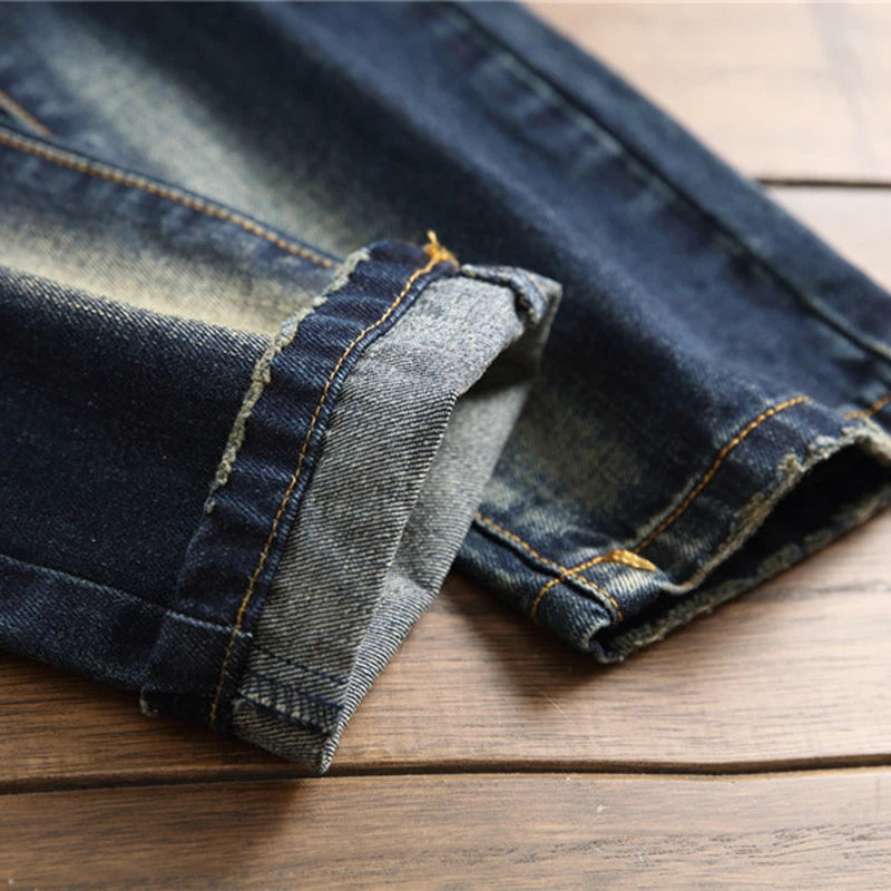 Denim Jeans Straight Scratches Fashion Men's Pants Luxury Vintage