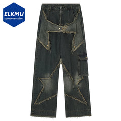 Vintage Baggy Jeans Star Patchwork Loose Straight Denim Pants