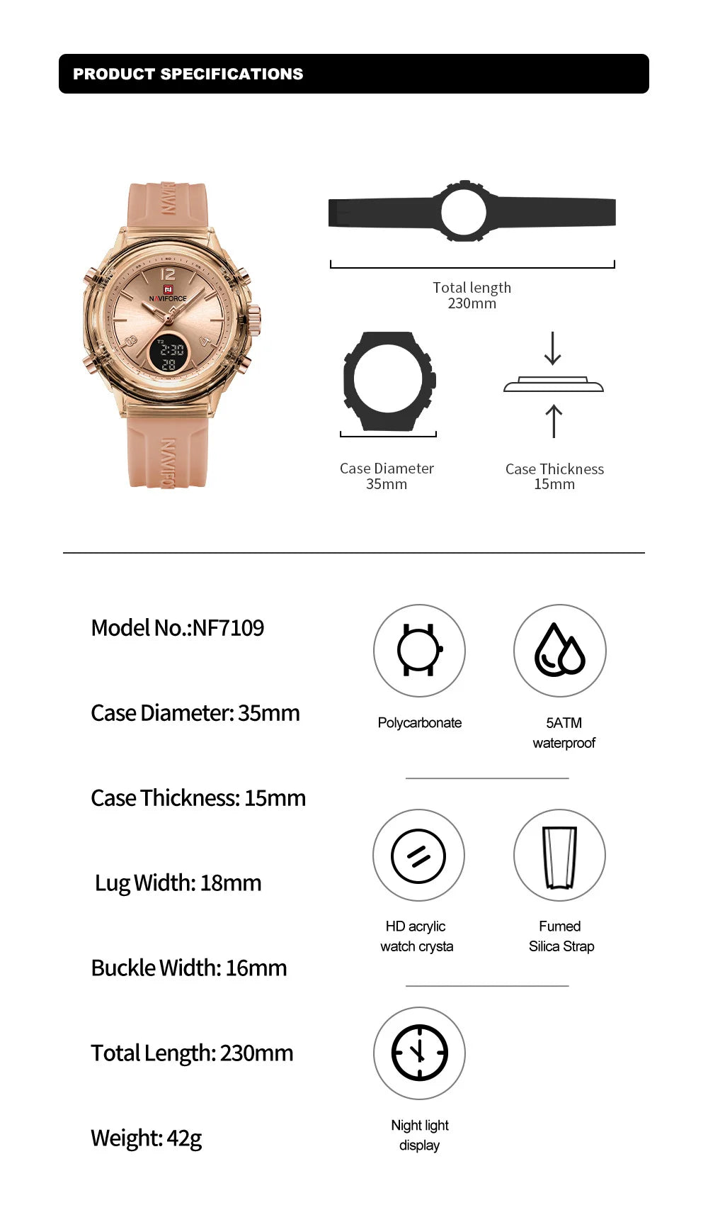 NAVIFORCE Luxury Women's Watch Gold Outdoor Sports Waterproof Watches Dual Time Display Quartz Wristwatches Rubber Digital Clock