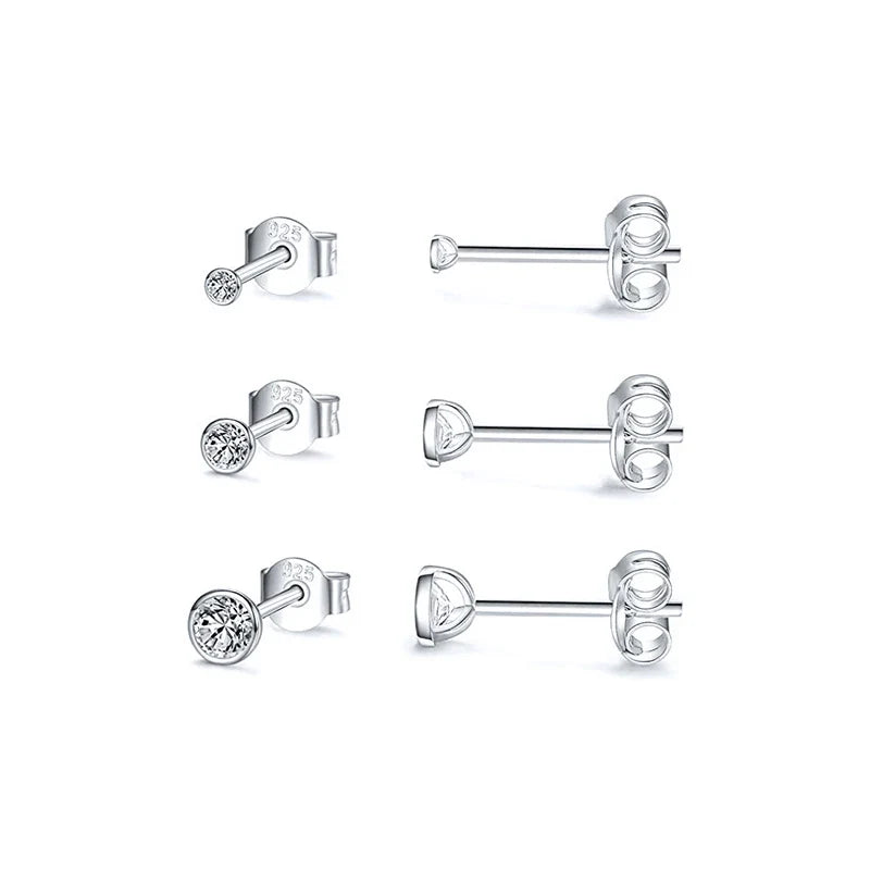 CANNER 3pcs/set Bling Zircon Earring 925 Sterling Silver Cute Mini Heart Star Stud Earrings Ear Bone Earlobe Piercing Jewerly