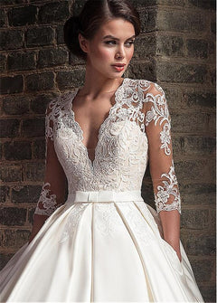 Wedding Gowns Luxury V-neck Satin With Lace Wedding Dresses