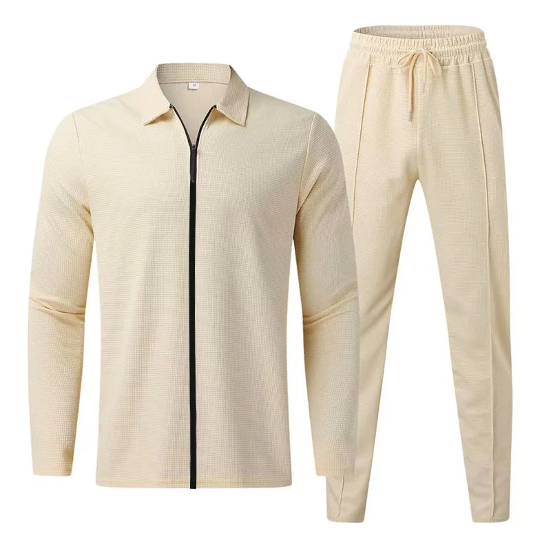 2024 men's new waffle long-sleeved lapel zipper cardigan casual sports suit