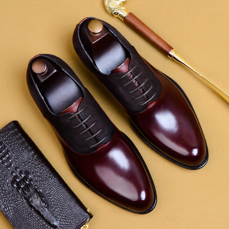 HKDQ Men's Oxford Formal Shoe Genuine Leather Business Shoes Black Wine Red Lace Up Wedding Office Luxury Mens Dress Shoes