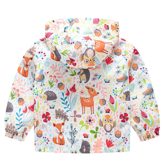 Girls Windproof Hooded Jacket Various  Cartoon  Graphic prints Zipper Coat Kids