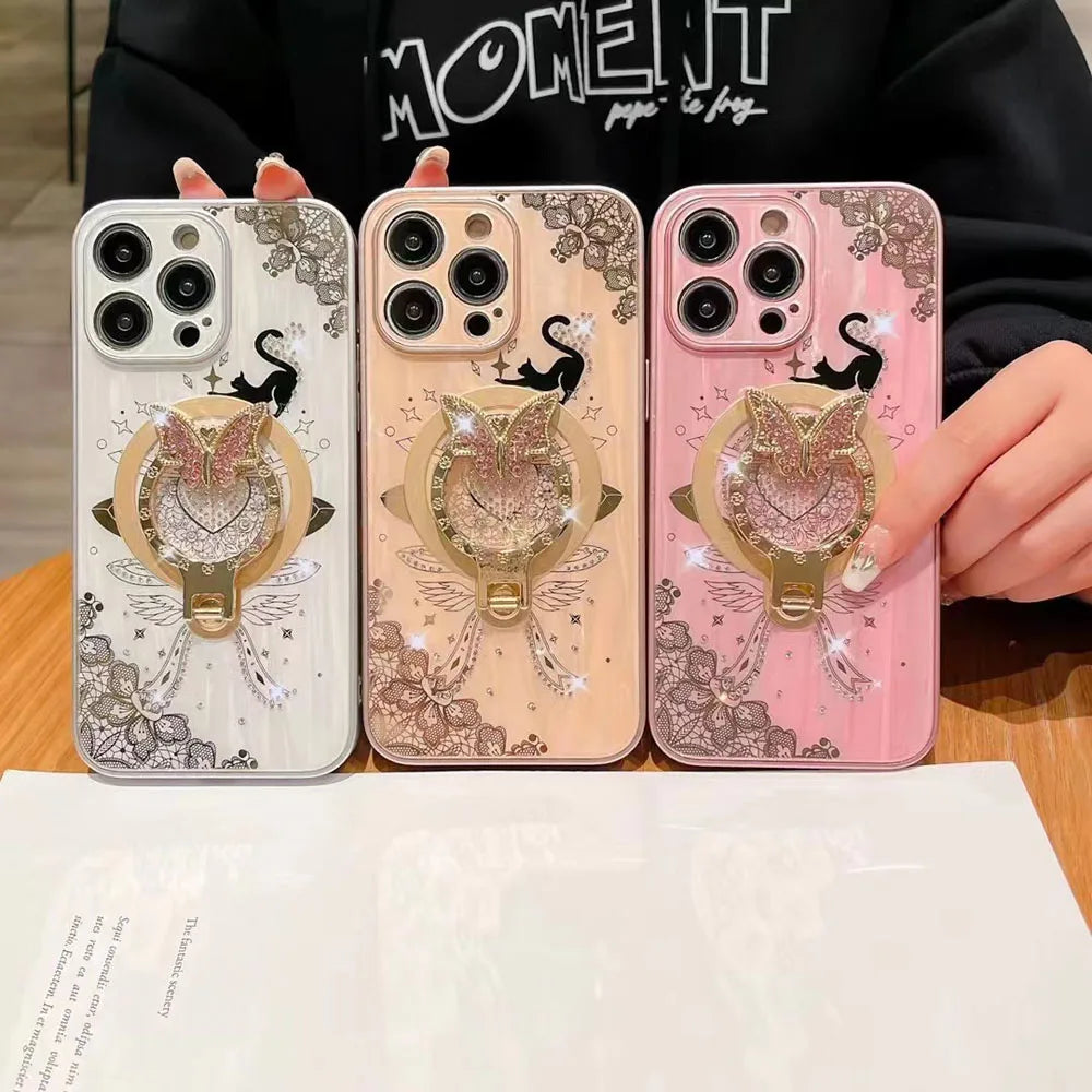 Case For iPhone 16 15 Plus 14 13 Pro Max 16Pro Bling Butterfly Holder Ultra-thin Shockproof Cover
