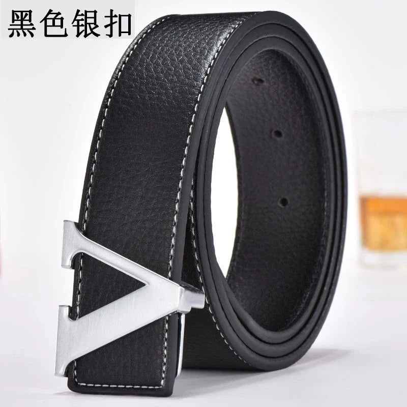 Men's high-end belt with smooth buckle; Korean style fashion trend letter V belt; men's belt
