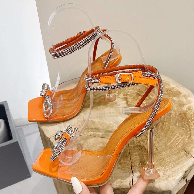 Liyke Summer Party Wedding Sandals Ladies 2024 Fashion Crystal Rhinestone Bowknot High Heels PVC Transparent Shoes Women Pumps