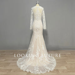 Mermaid Wedding Dress Long Sleeve V-Neck Illusion Back Bridal Gown