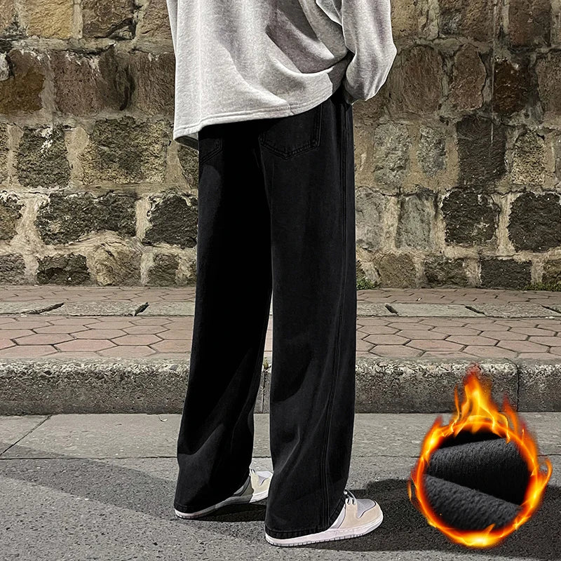 Winter Fleece Men's Baggy Wide Leg Jeans Thicken Warm Fashion Streetwear