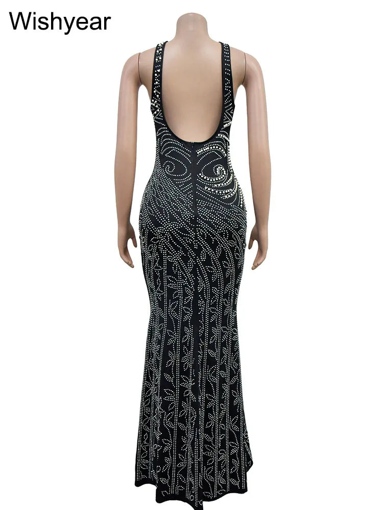Formal attire Dresses: Rhinestone Mesh Crystal Beaded Slit Backless Bodycon Maxi