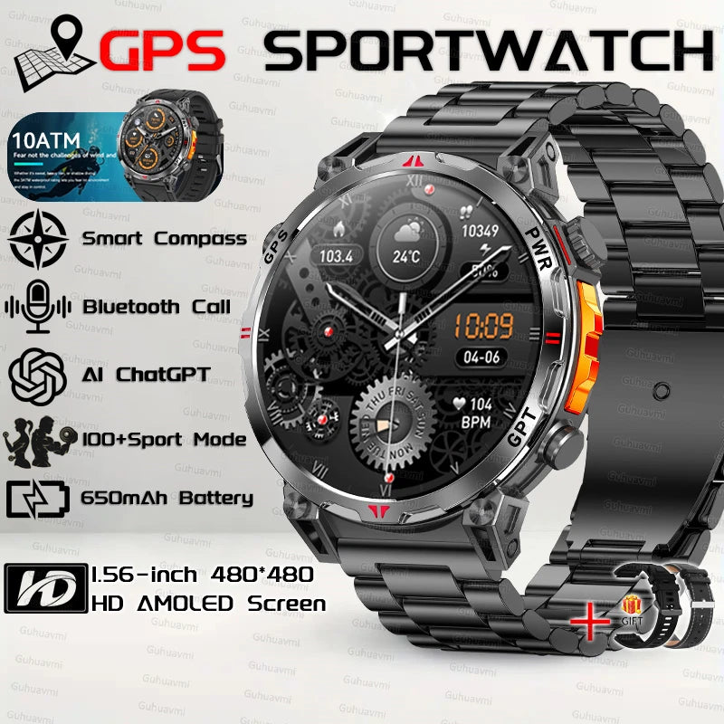 2025New Military GPS Sport Smartwatch Men 650mAh AMOLED Screen Compass Altimeter 10ATM Waterproof Heart Rate Wireless Call Clock