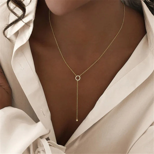 S925 Sterling Silver Double-Deck Circle Zircon Pendant Long O-Chain Choker Necklace