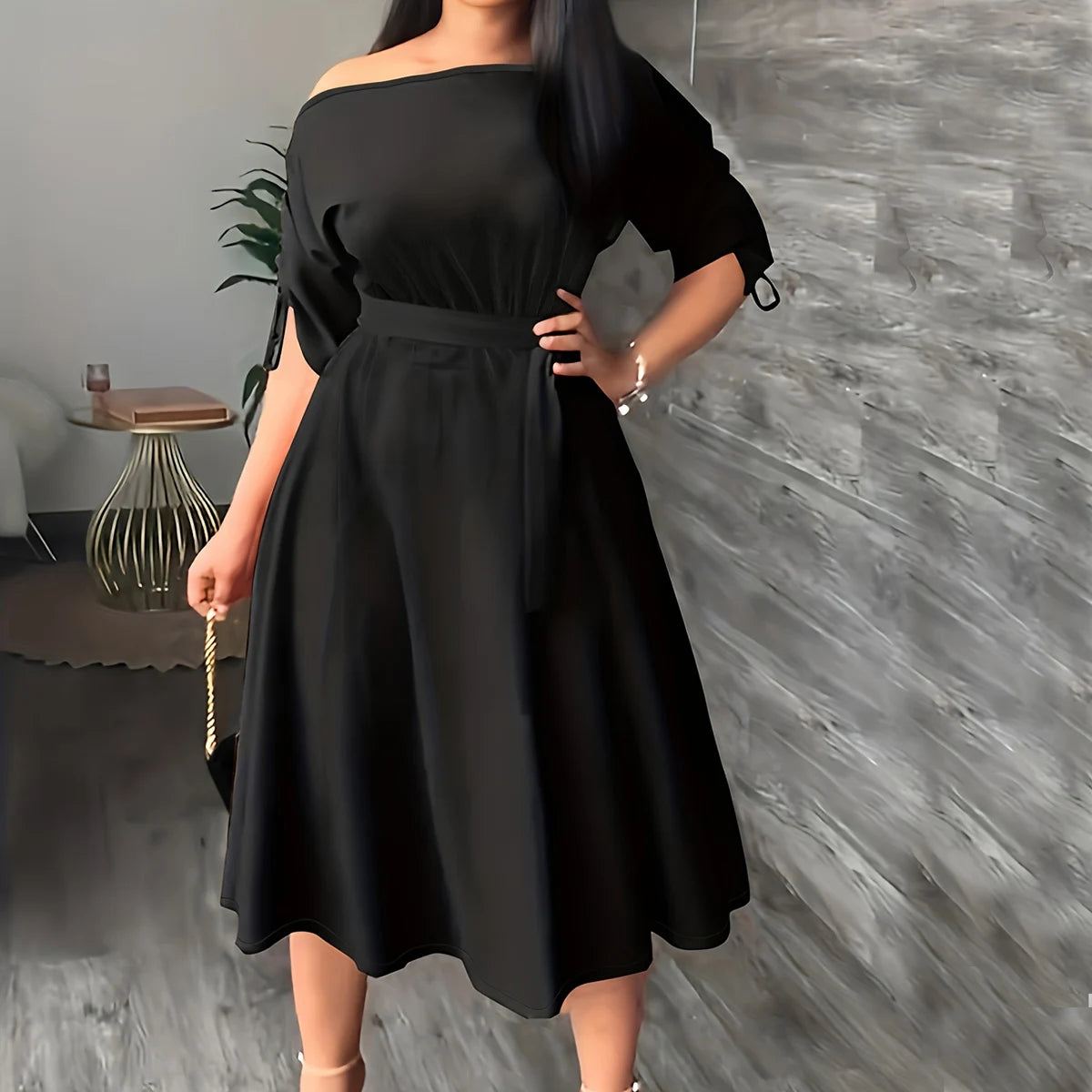 One-piece slim fit and calf drawstring trim dress with off-the-shoulder slightly long sleeves in solid color plus size