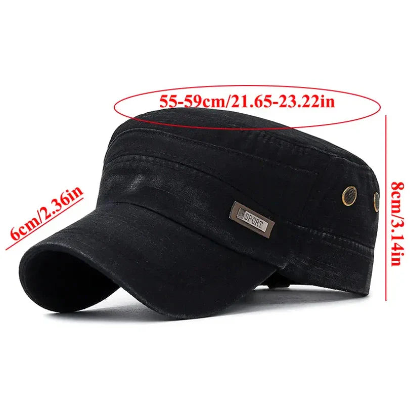 Vintage Washed Cotton Military Caps Flat Top Baseball Cap Adjustable Fitted Thicker Cap Sun Protection Men Women Cadet Army Cap