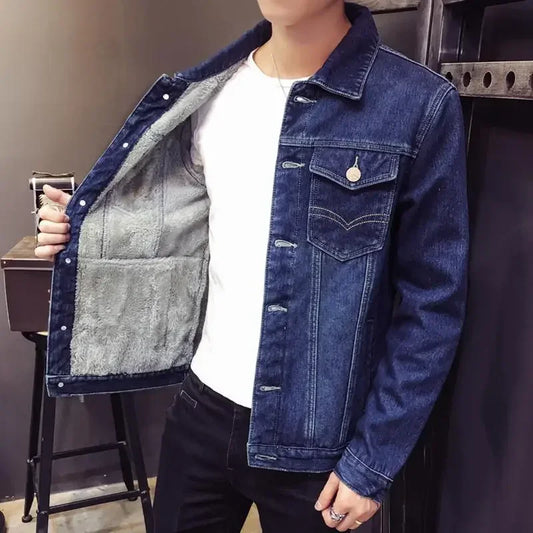 Male Jean Coats with Sheep Padding Men's Denim Jacket Wide Sleeves