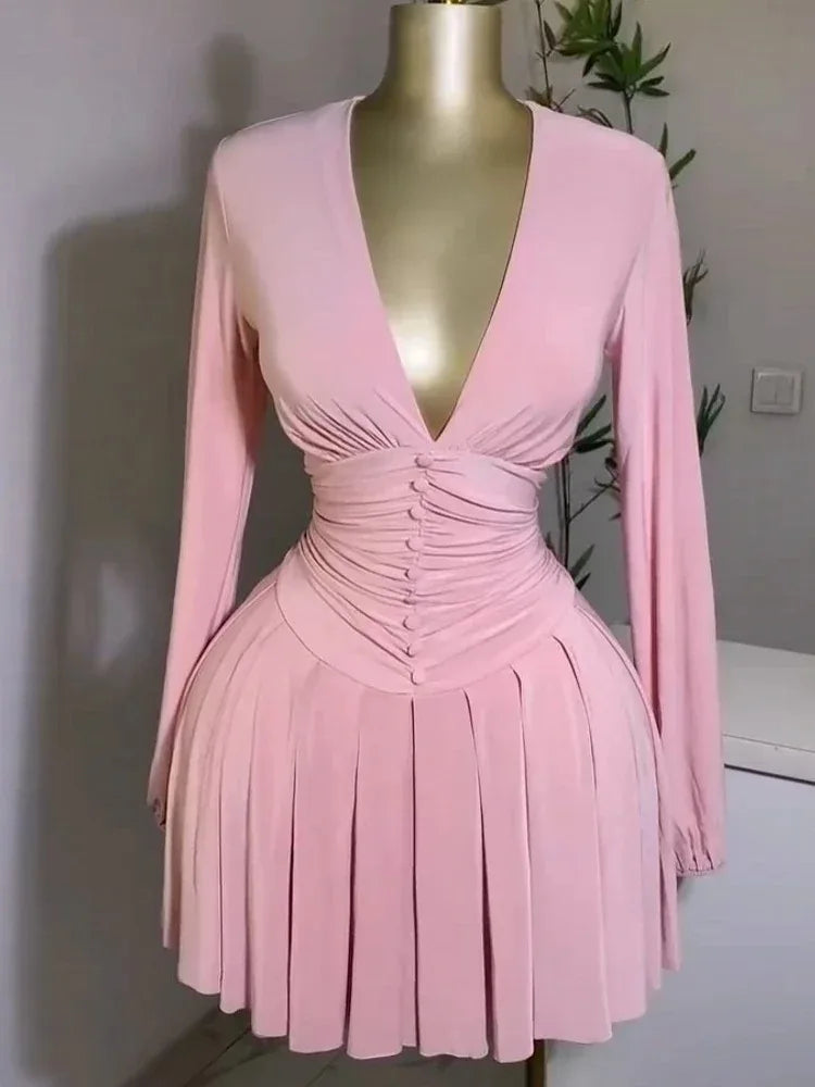 Women's Party Mini Dress 2025 Spring/summer Latest Casual Sexy Plunge Ruched Lantern Sleeve Button Daily A Line Short Skirt