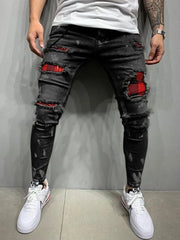 Distress Plaid Patch Holes Streetwear Ripped Skinny Jeans Men Biker Slim Elastic