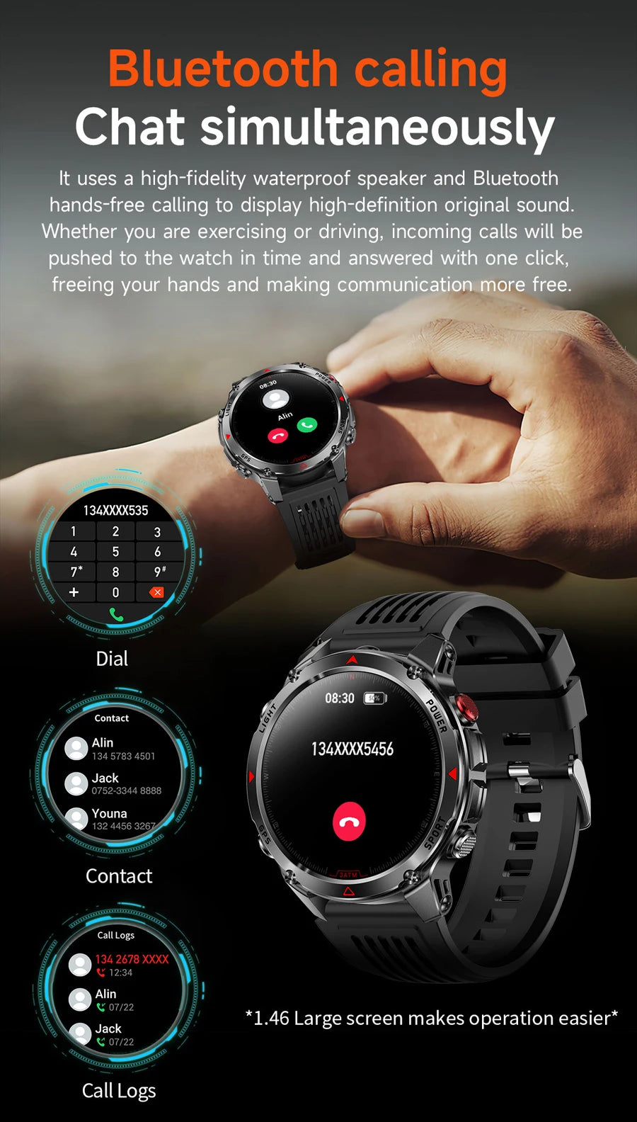 Outdoor Military Smart Watch Men Built-in GPS 1.46" AMOLED Compass
