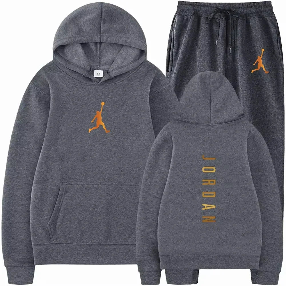 Men's pullovers for autumn and winter, solid-color hoodie + stretch waist jogging pants two-piece set, fashionable outdoor casua