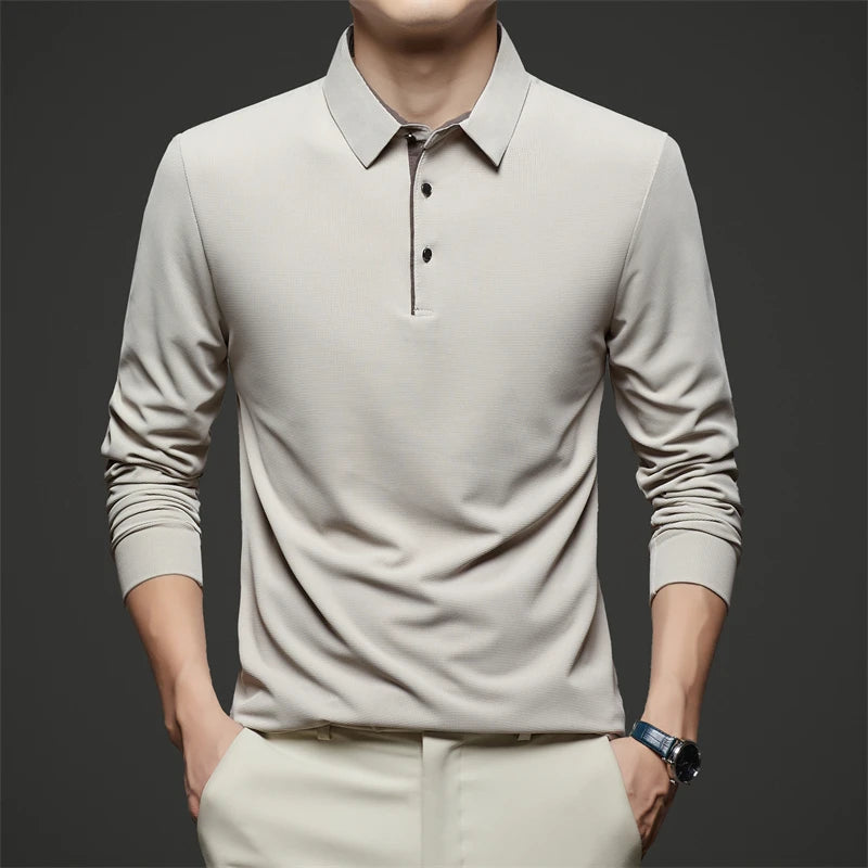 New Men's Business Casual  Long Sleeve Solid Color Polo Shirt Fashionable Warm Comfortable Four Seasons Versatile Top