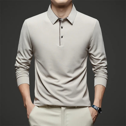 New Men's Business Casual  Long Sleeve Solid Color Polo Shirt Fashionable Warm Comfortable Four Seasons Versatile Top