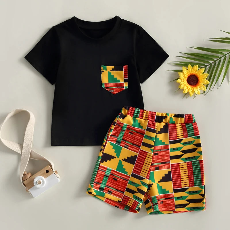 2-7years Kid Boy Summer Shorts Sets African Style Casual Street Party Chest Pocket Shirt + Short Trousers Outfits For Infant Boy