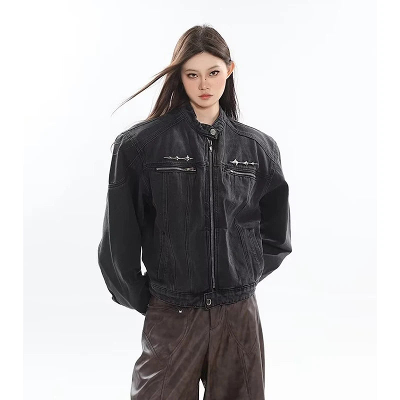 American Vintage Short Denim Jacket Men Woman Hip Hop Washed Metal Buckle Coats