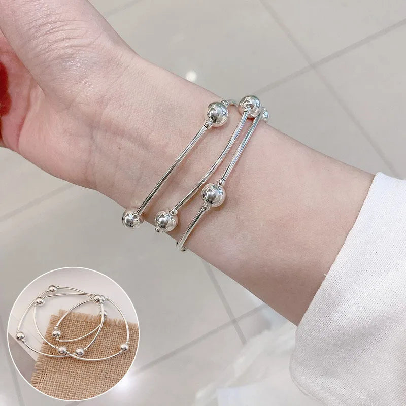 925 Sterling Silver Bangle Bracelet 2 Balls Geometric Polished Punk Stackable For Woman Girl Jewelry Gift Dropship Wholesale
