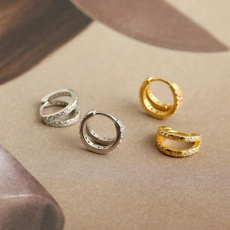 WANTME 925 Sterling Silver Fashion Luxury Shiny Double Layer Zircon Huggies Hoop Earrings for Women Plated 18k Gold Fine Jewelry
