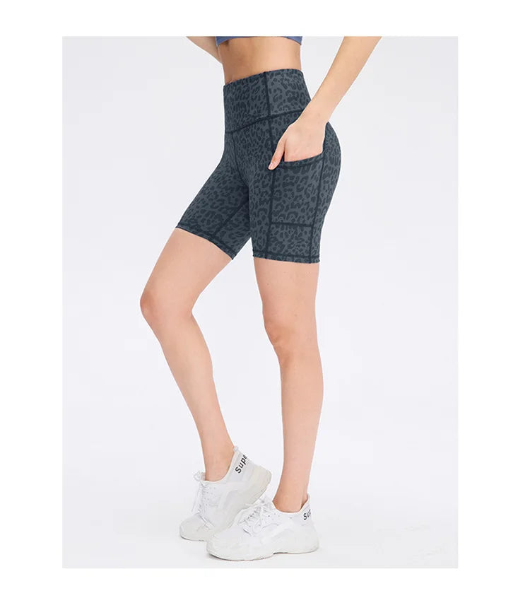 Women's printed nude yoga shorts with pockets skin-friendly tight stretch quick-drying sports fitness hiking running shorts