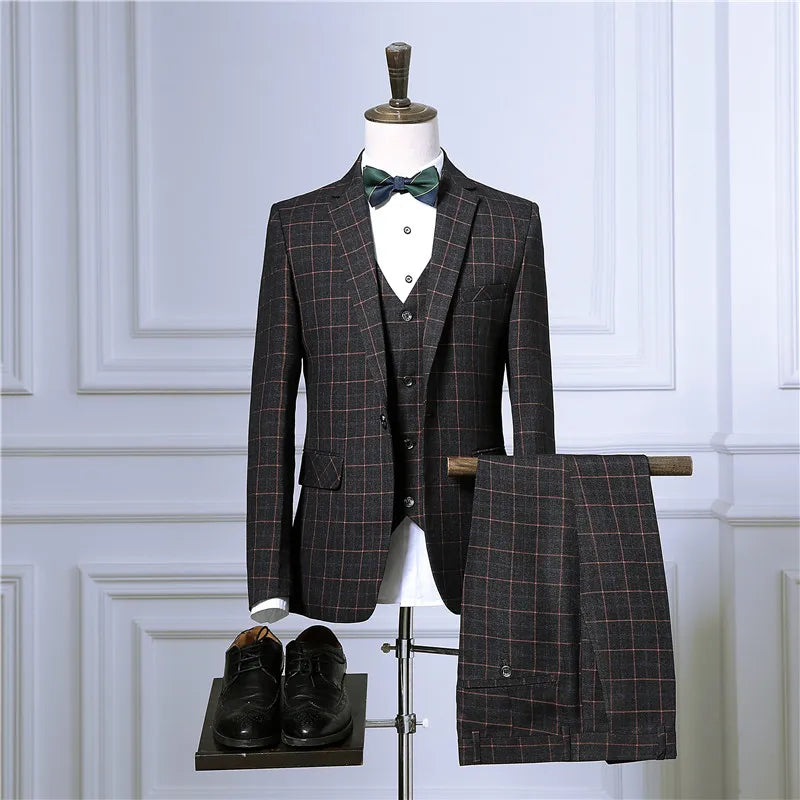 Tuxedo for Mens: Blazers Pants Vest Sets Fashion Suits / Men's Casual Business Plaid