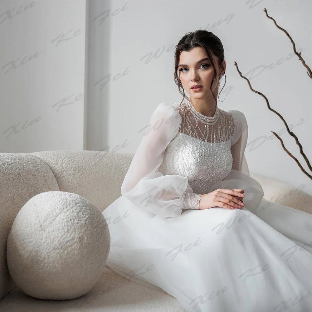White Bridesmaid Dresses: Wedding Dresses Beautiful Round Neck Fluffy Long Sleeves