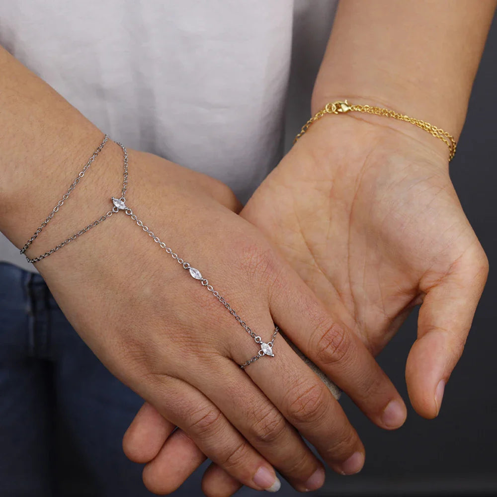 2025 New Geometric Marquise Cubic Zirconia CZ Paved Double Wrist Hand Chain Bracelet Simple Fashion Women Finger Slave Jewelry