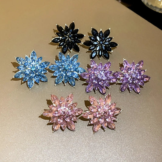 Rhinestone Flower Earrings for Women Korea Simple Sweet Stud Earrings Luxury High-grade Solid Color Charm Jewelry Girls Gift