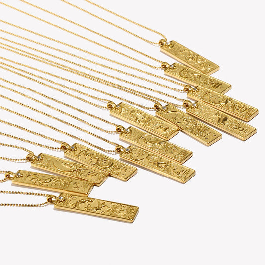 E.B.belle 18k Gold Plated Rectangle Shape 12 Constellation Pendant Necklace Stainless Steel Waterproof Fashion Women's Jewelry