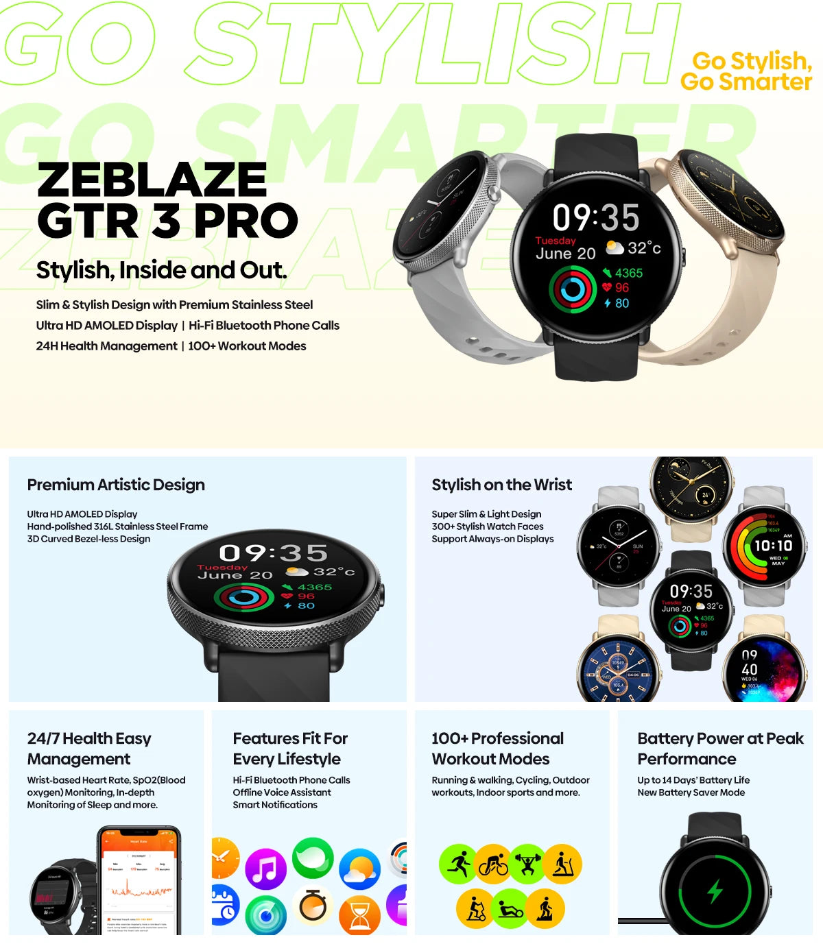 Zeblaze GTR 3 Pro AMOLED Display Make/Answer Phone Calls Smart Watch 316L Stainless Steel  Fitness Smartwatch For Men Women