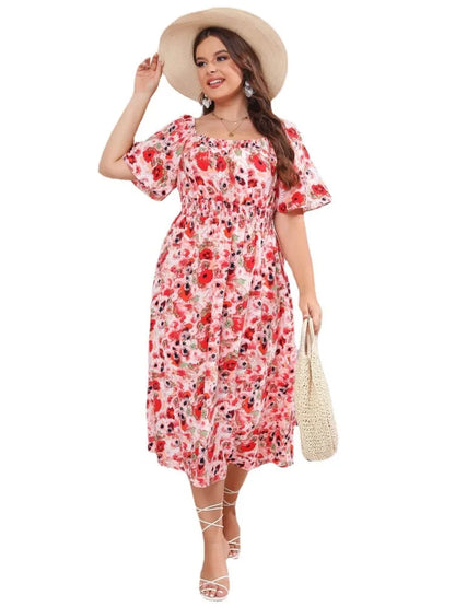 Plus Size Pink Summer Square Collar Midi Dress Women Flower Floral Fashion Ruffle Pleated Ladies Dresses Loose Woman Dress