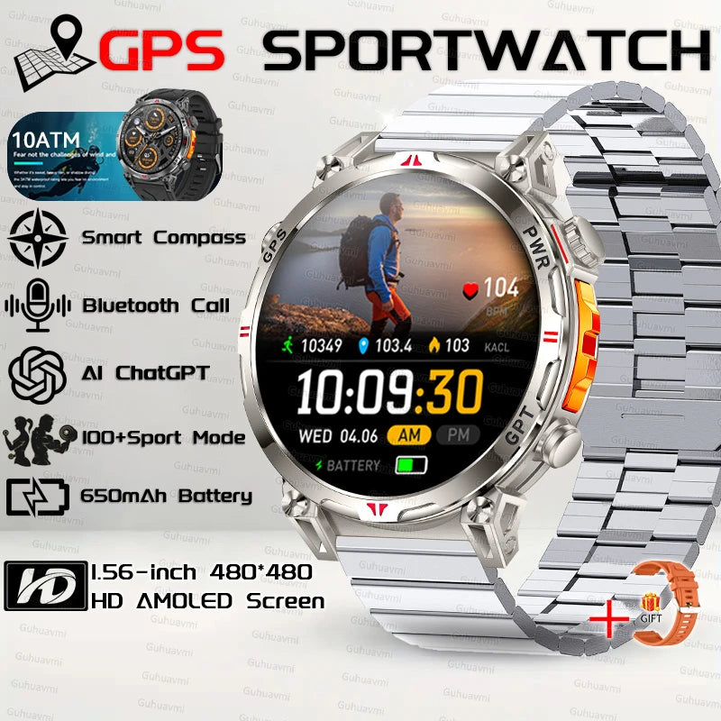 2025New Military GPS Sport Smartwatch Men 650mAh AMOLED Screen Compass Altimeter 10ATM Waterproof Heart Rate Wireless Call Clock